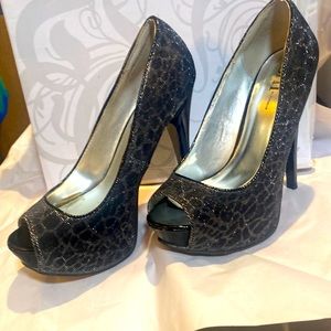 Silver and black cheetah print platform, high heel, peep-toe shoes